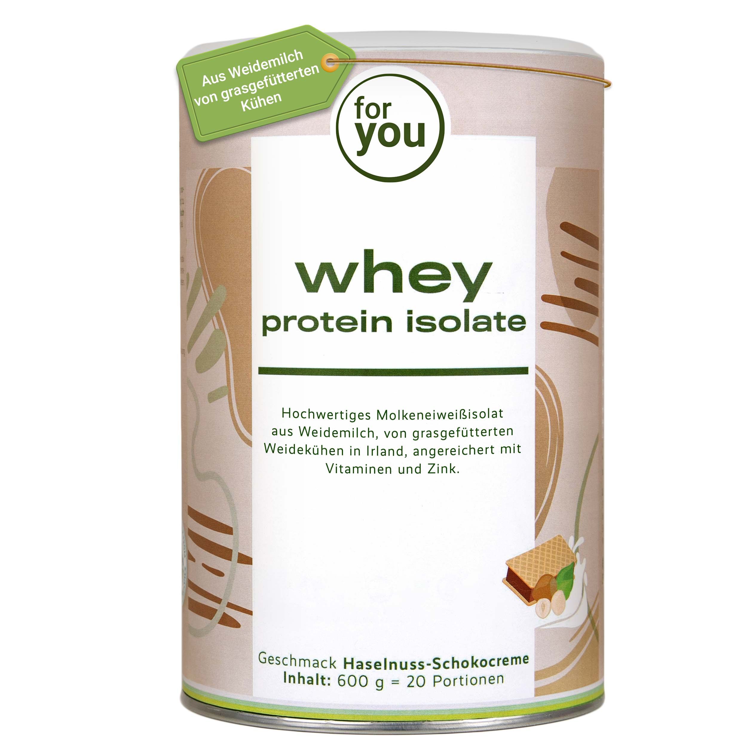 Dose 'whey protein isolate' Haselnuss-Schokocreme. Hergestellt aus Weidemilch von grasgefütterten Kühen.