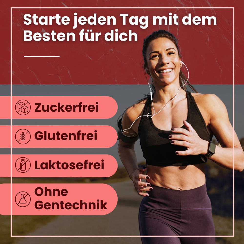Läuferin. Text: Zuckerfrei, glutenfrei, laktosefrei, ohne Gentechnik.
