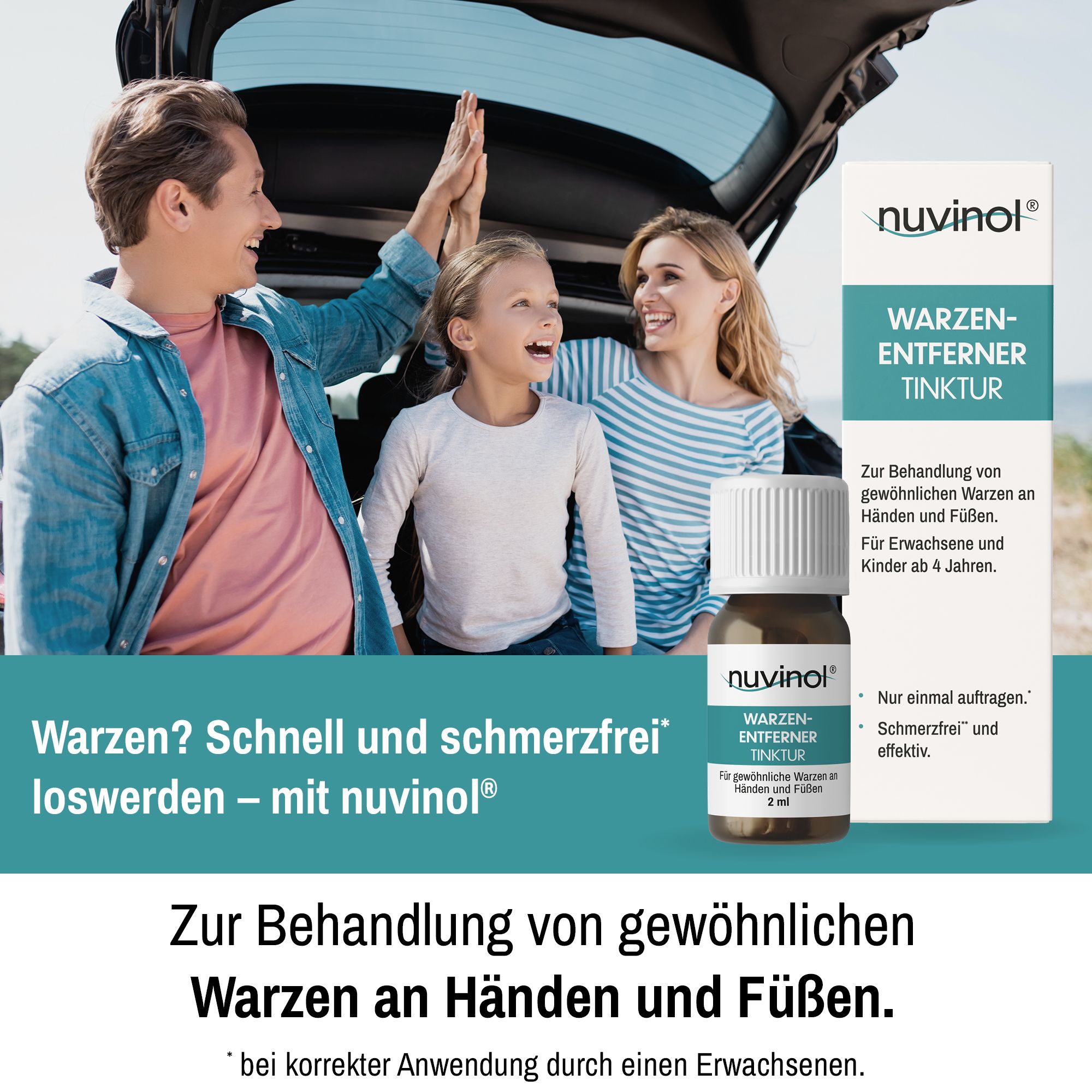 Produkt und Verpackung von nuvinol Warzenentferner Tinktur. Familie im Hintergrund. Text: Warzen? Schnell und schmerzfrei loswerden.
