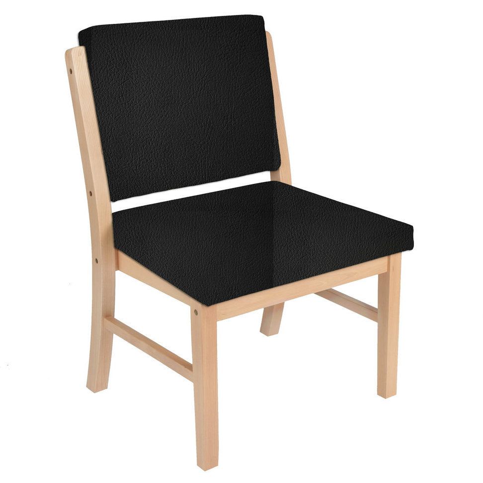 Stuhl mit schwarzem Sitz und Rückenlehne. Holzrahmen. Einfaches Design.