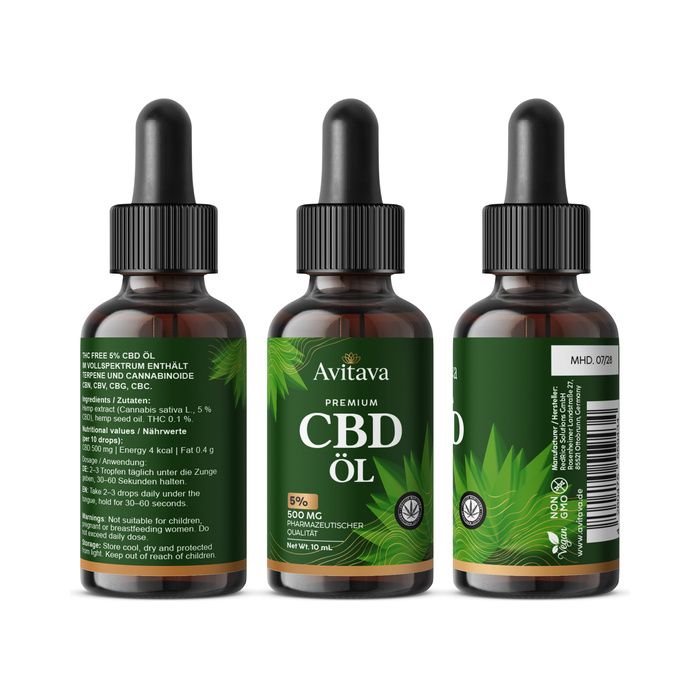 Avitava CBD Öl Flaschen (3 Ansichten), Pipette, 5% CBD, 500 mg, 10 ml.
