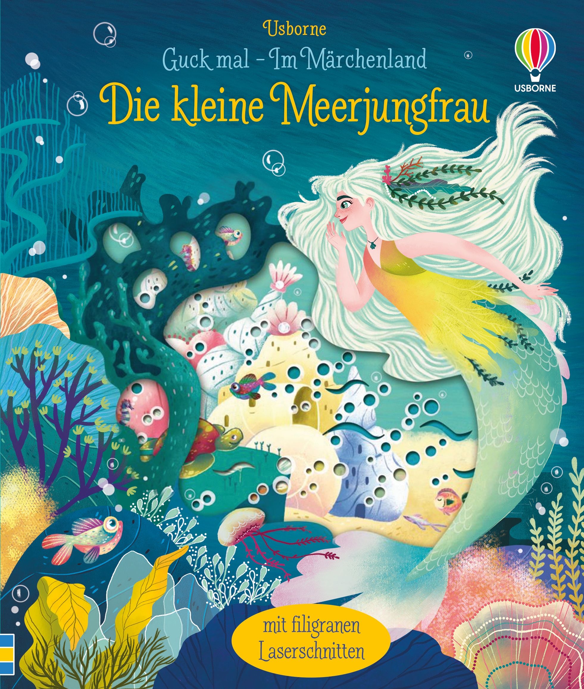Buchcover mit Titel "Die kleine Meerjungfrau". Eine Meerjungfrau mit langem Haar, umgeben von Unterwasserwelt. Logo Usborne.