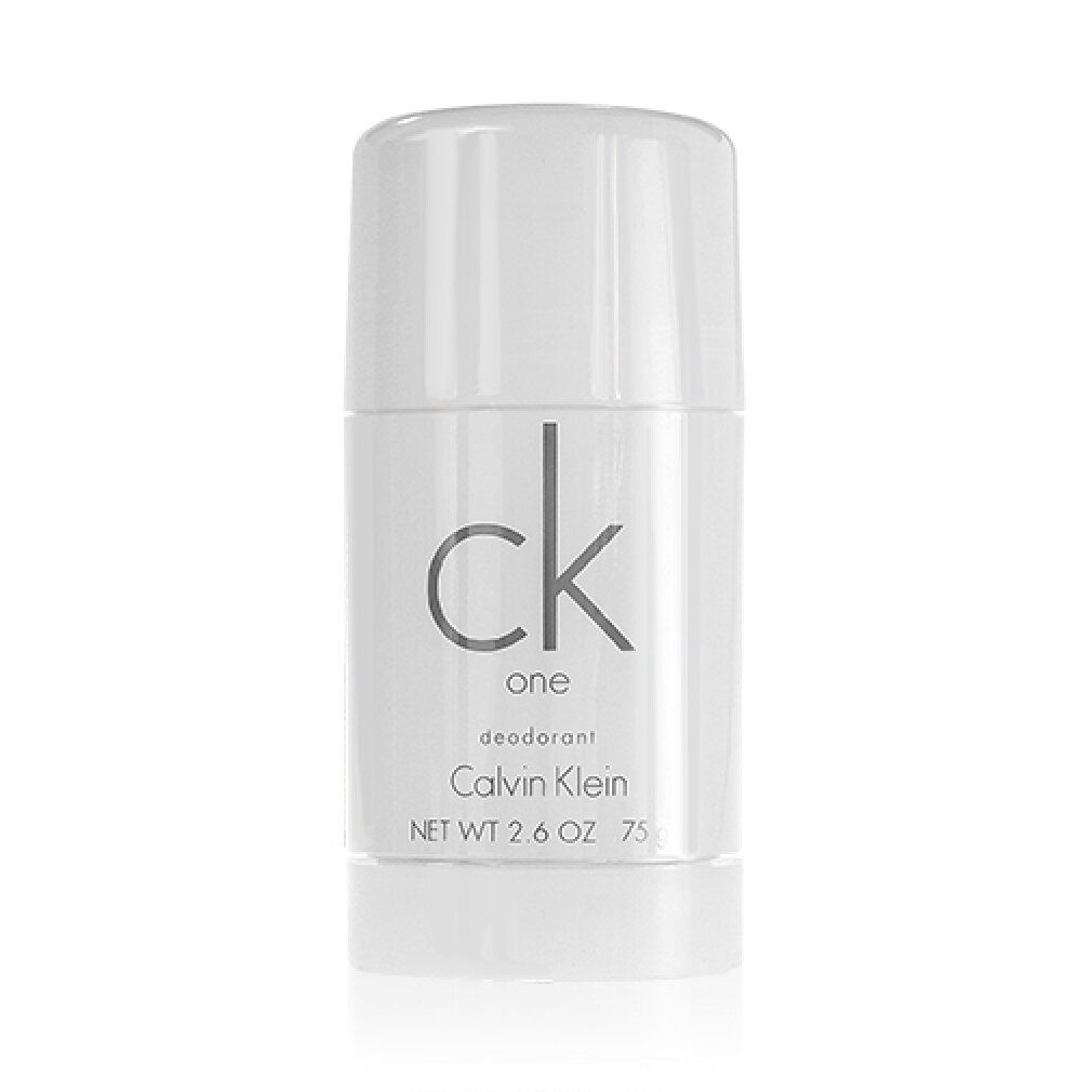 Weißer Deo-Stick Calvin Klein One. Schriftzug: ck one, Deodorant, Calvin Klein. Schwarze Schrift.