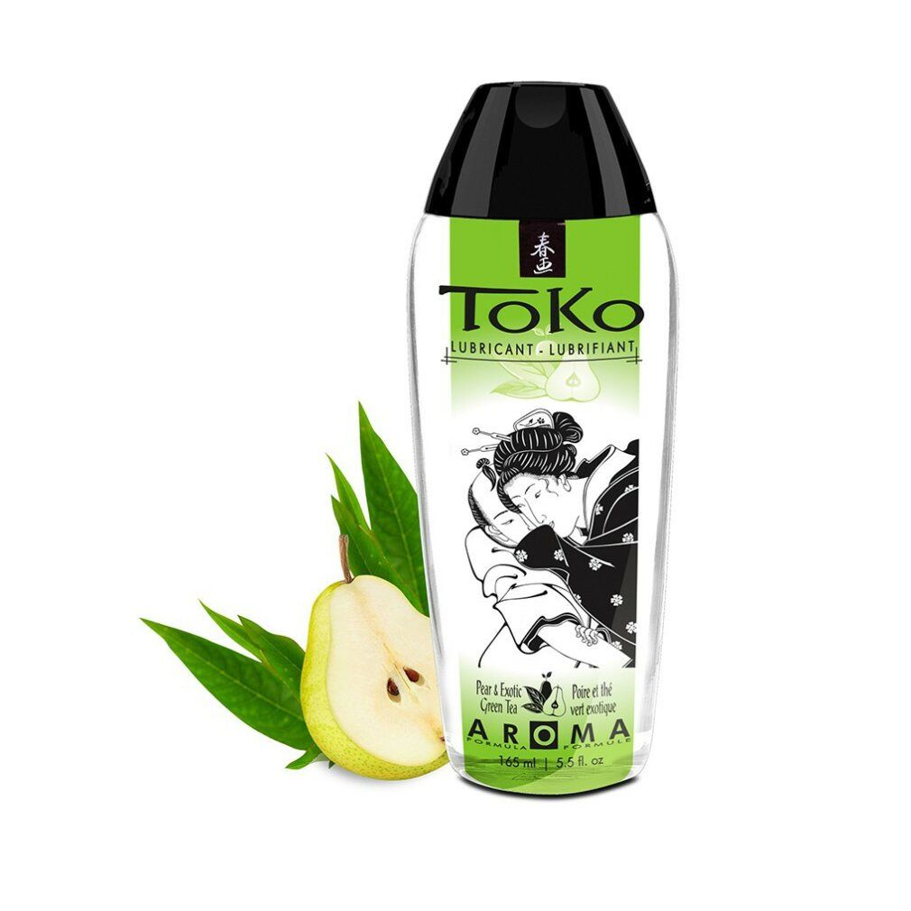 Toko Aroma Gleitmittel mit Birne & exotischem Grüntee. Transparente Flasche mit schwarzem Verschluss.