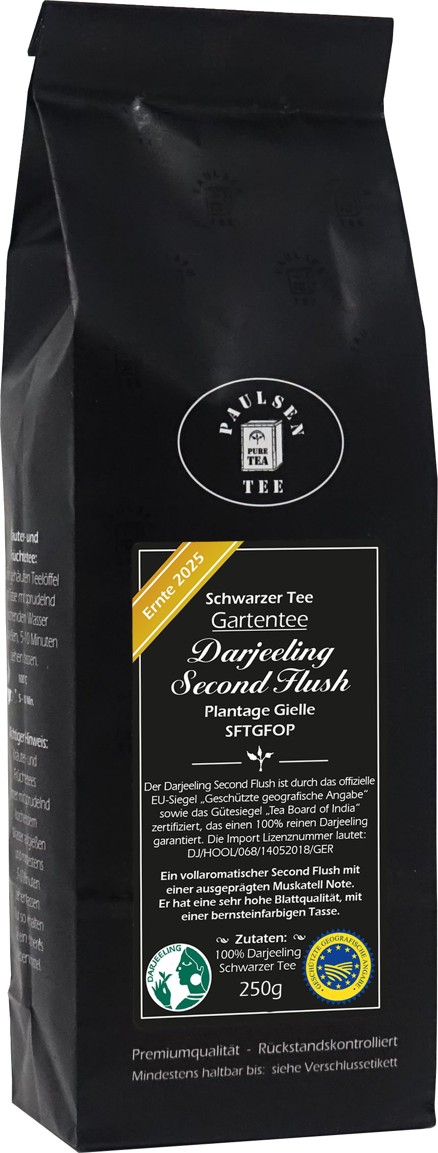 Schwarzer Teebeutel. Aufschrift: Darjeeling Second Flush, Plantage Gielle. Siegel und Zertifizierungen. 250g.
