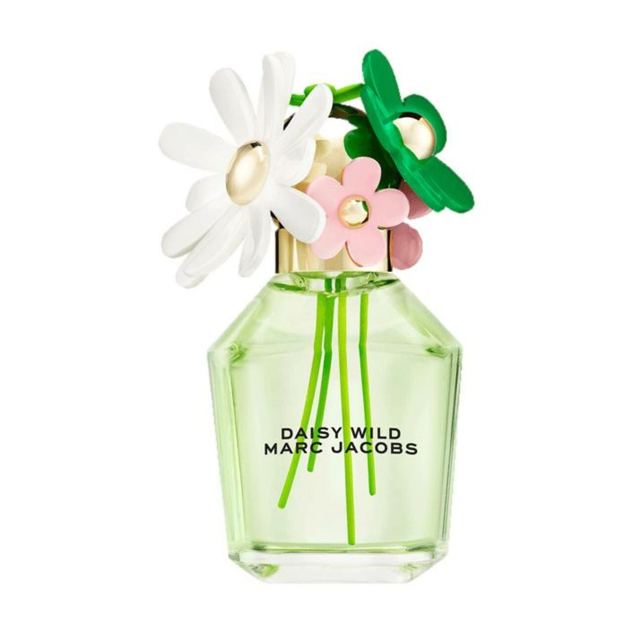 Parfümflakon mit Blumenaufsatz. Flakon mit grünlicher Flüssigkeit. Schriftzug: Daisy Wild Marc Jacobs.