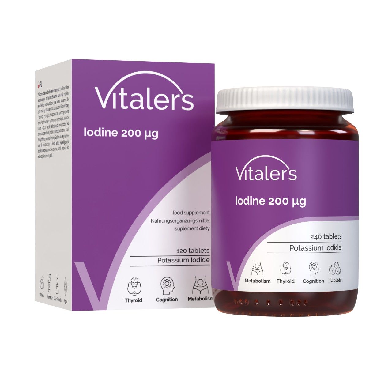 Vitaler's Jod 200 µg: Braune Glasflasche mit weißem Deckel, daneben die passende violette Kartonverpackung.