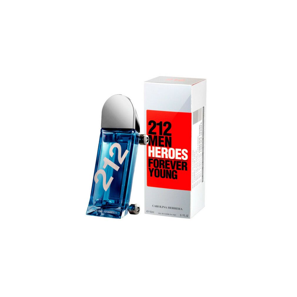 Blauer Flakon mit silberner Kappe, daneben Verpackung. Aufschrift: "212 MEN HEROES FOREVER YOUNG".