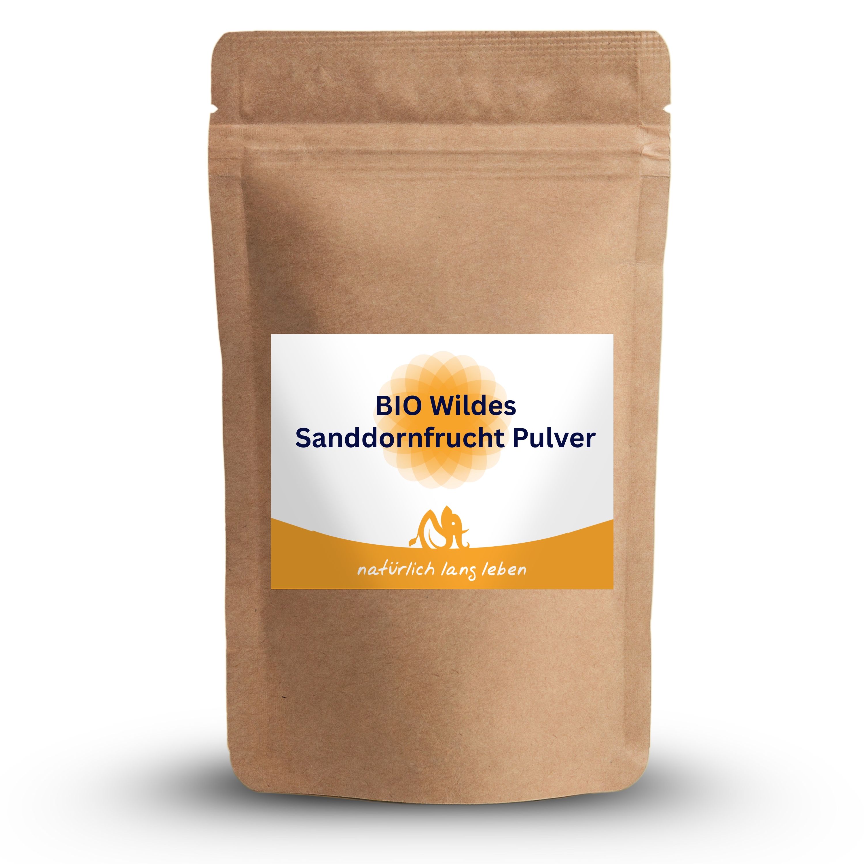 Beutel mit Etikett. Aufschrift: BIO Wildes Sanddornfrucht Pulver. Logo und Schriftzug: natürlich lang leben.