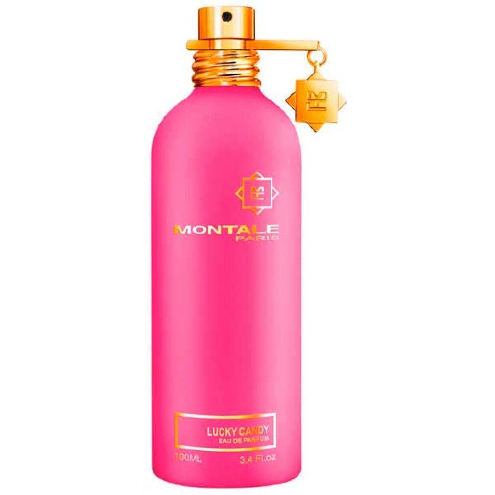 Rosa Flakon mit goldfarbenem Verschluss und Anhänger. Aufschrift: Montale Paris Lucky Candy Eau de Parfum. 3.4 FL.OZ.