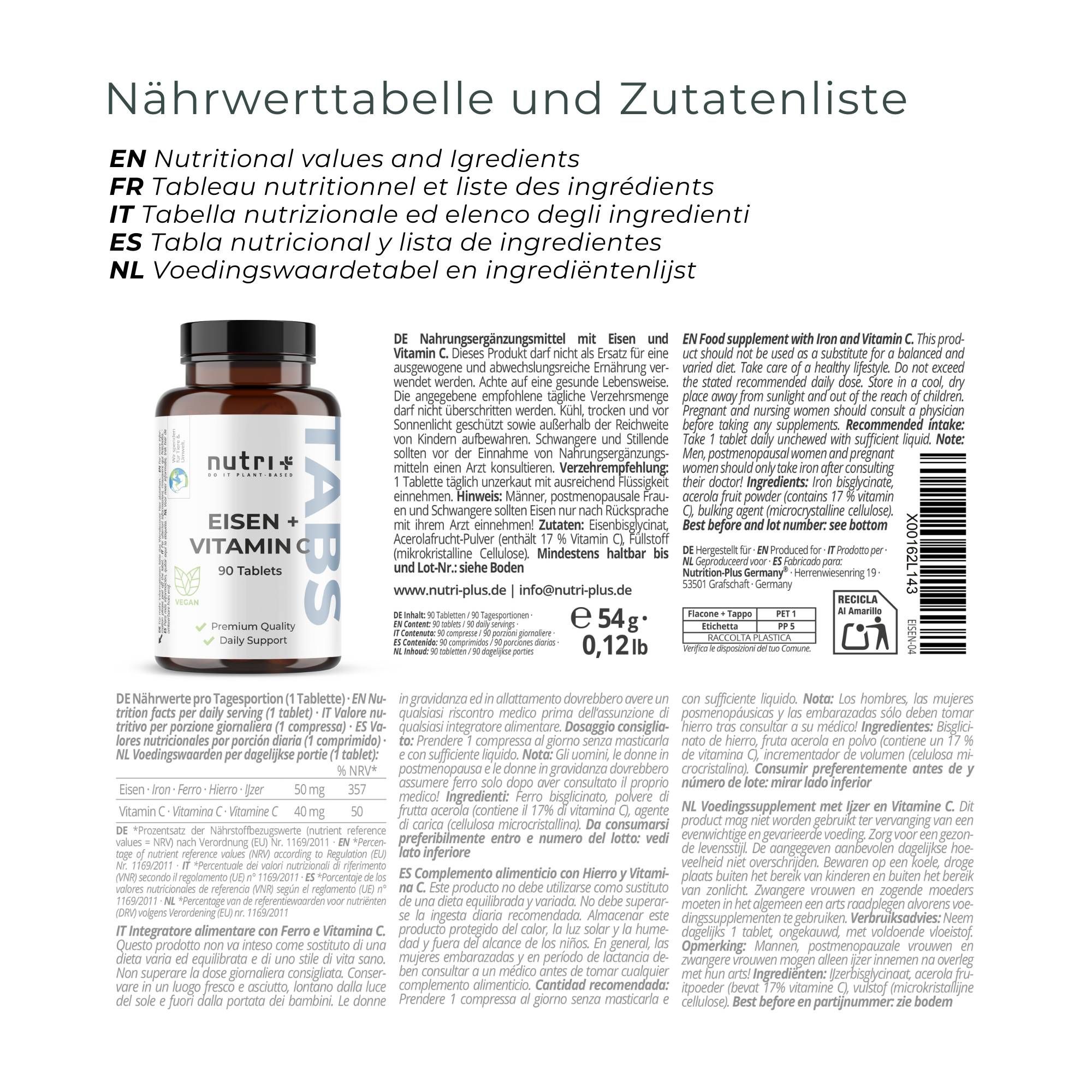 Nährwerttabelle und Zutatenliste auf Deutsch, Englisch, Französisch, Italienisch und Niederländisch. Flasche links.