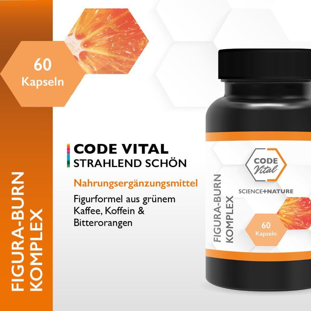 Schwarze Flasche mit 60 Kapseln. Text: Figura-Burn Komplex, CODE Vital, Nahrungsergänzungsmittel. Orangefarbener Hintergrund.