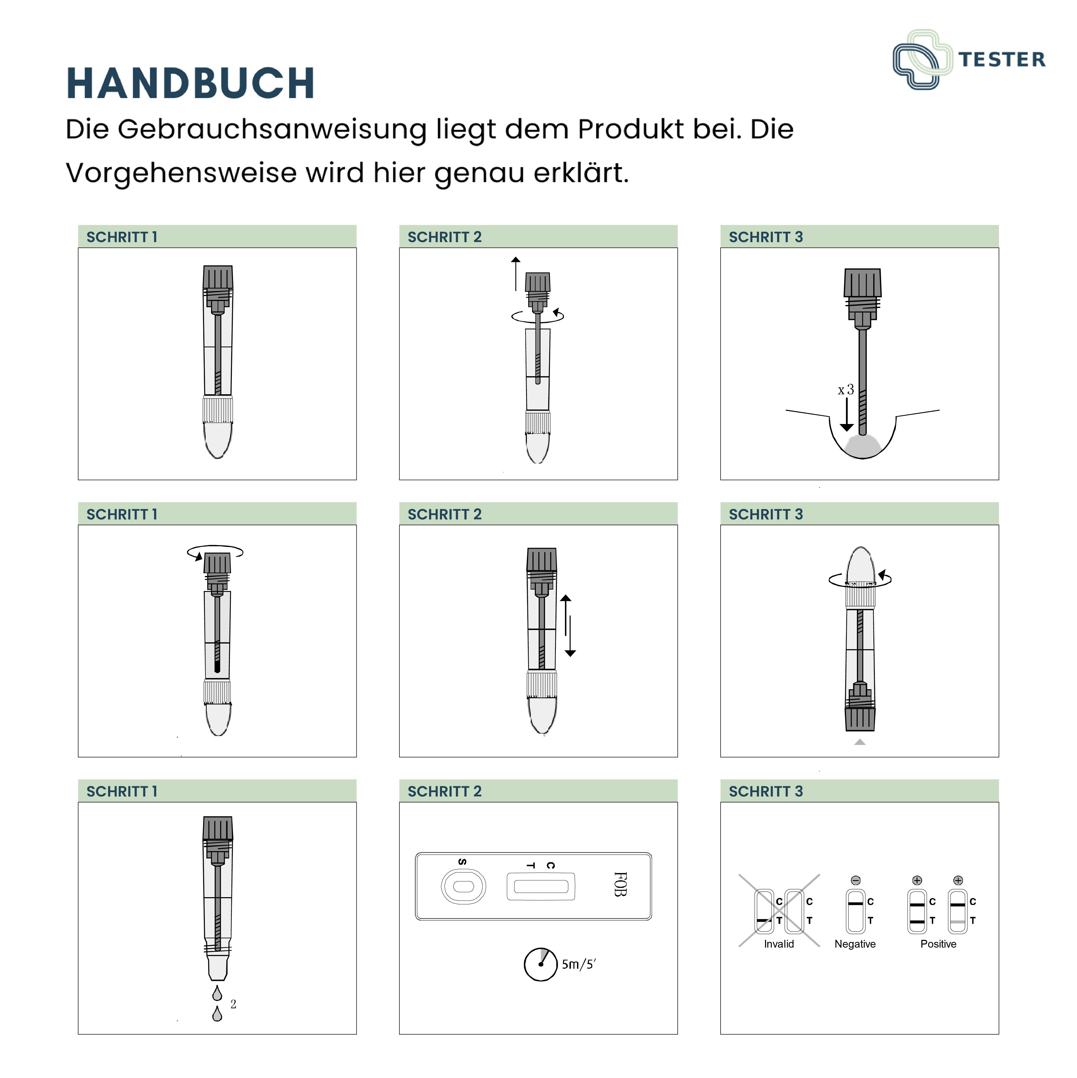 Anleitung mit Illustrationen zur Durchführung des Tests. Schritte 1-3 mit Teströhrchen und Entnahme.