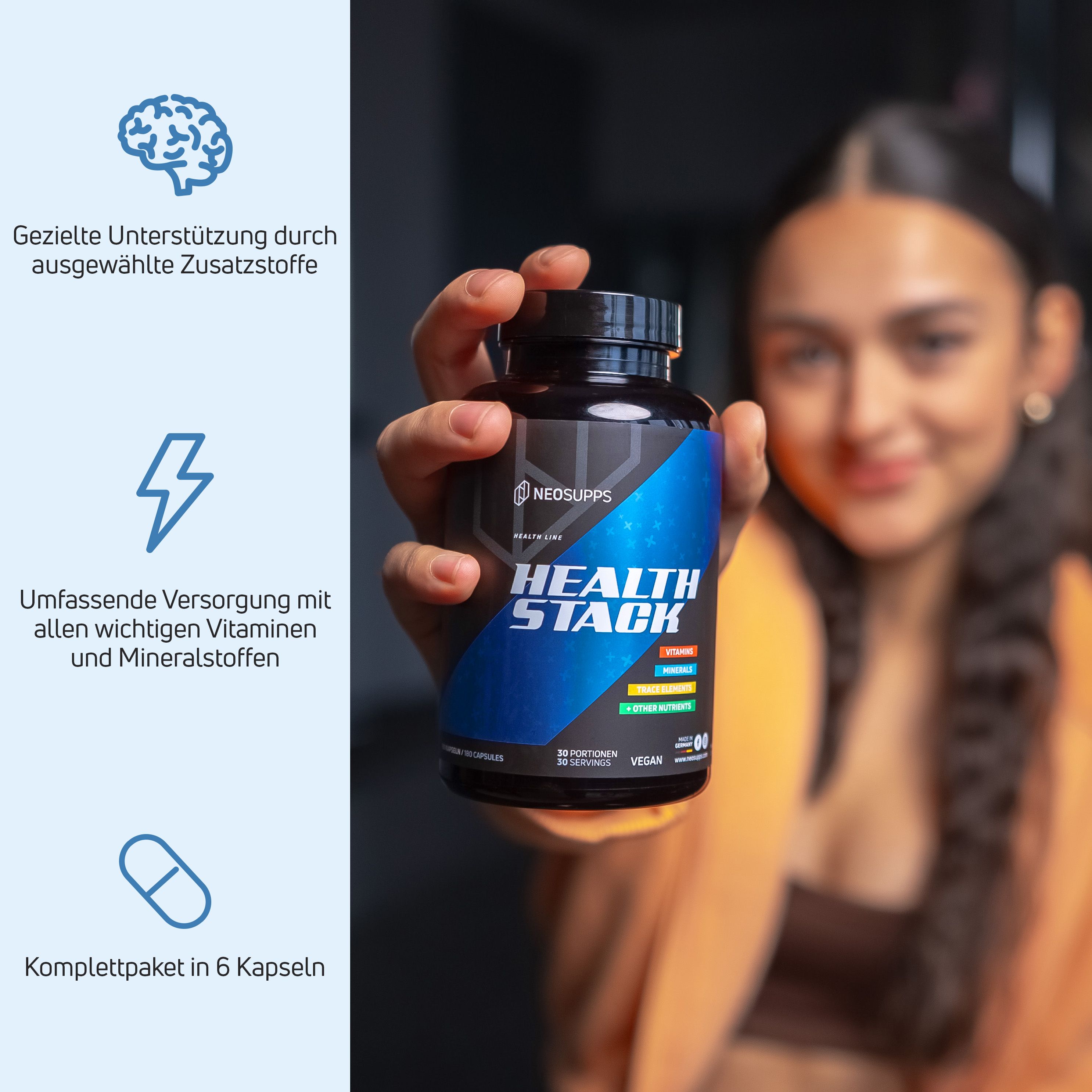 Schwarze Flasche mit blauer Aufschrift HEALTH STACK. Frau hält die Flasche. Aufschrift: Neosupps, Health Stack, Vegan.