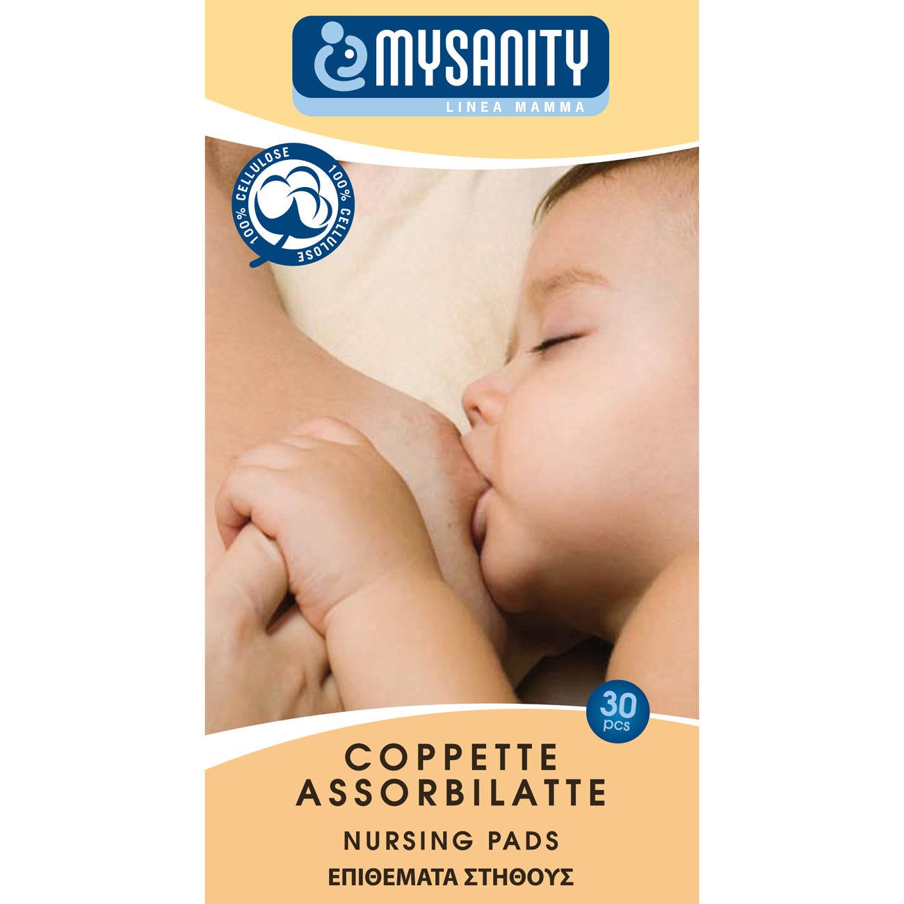 Verpackung mit Logo MYSANITY, Text: Coppette Assorbilatte, Nursing Pads, 30 Stück. Abbildung: Baby stillt.