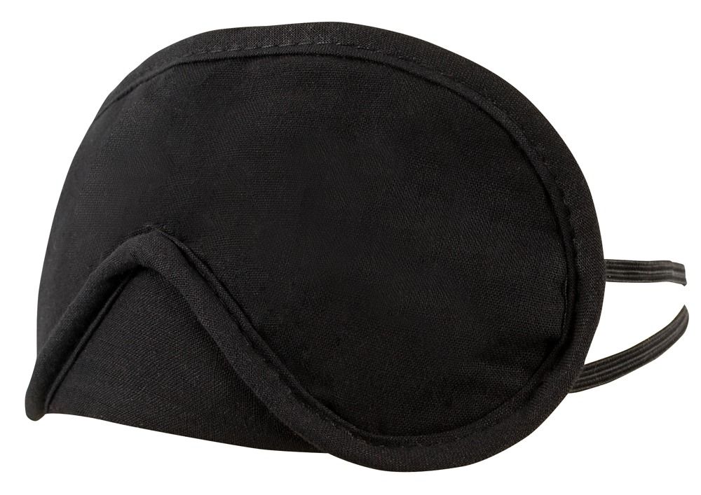 Schwarze Augenmaske mit elastischem Band. Die Maske hat eine ovale Form und ist aus Stoff.