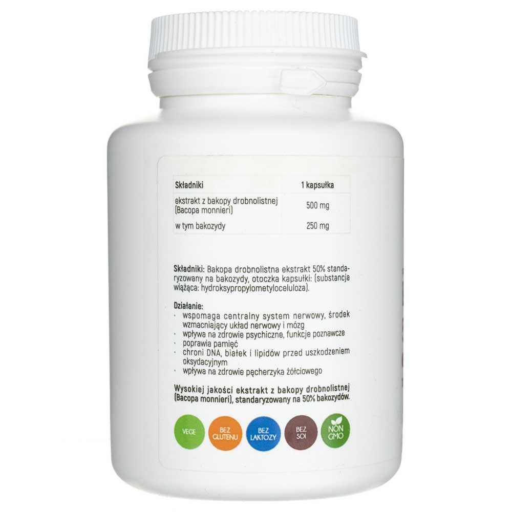 Rückseite eines weißen Kapselbehälters mit Inhaltsstoffen und Anwendungshinweisen für Aliness Bacopa monnieri Extrakt 50%.