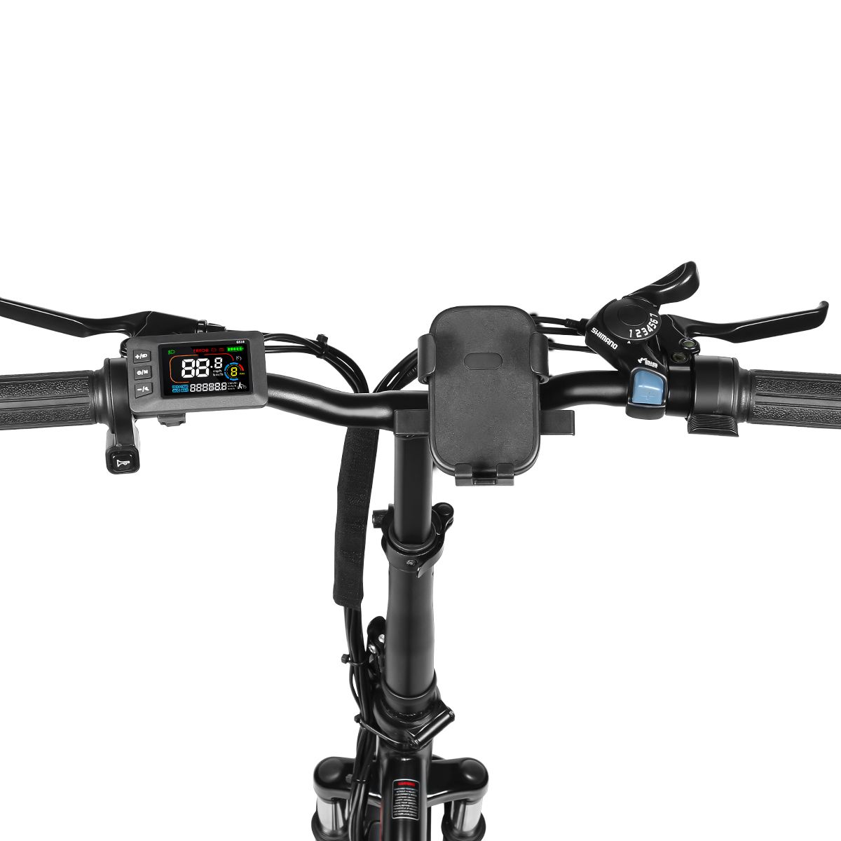 Lenker eines E-Bikes mit Display, Bedienelementen und Smartphone-Halterung.