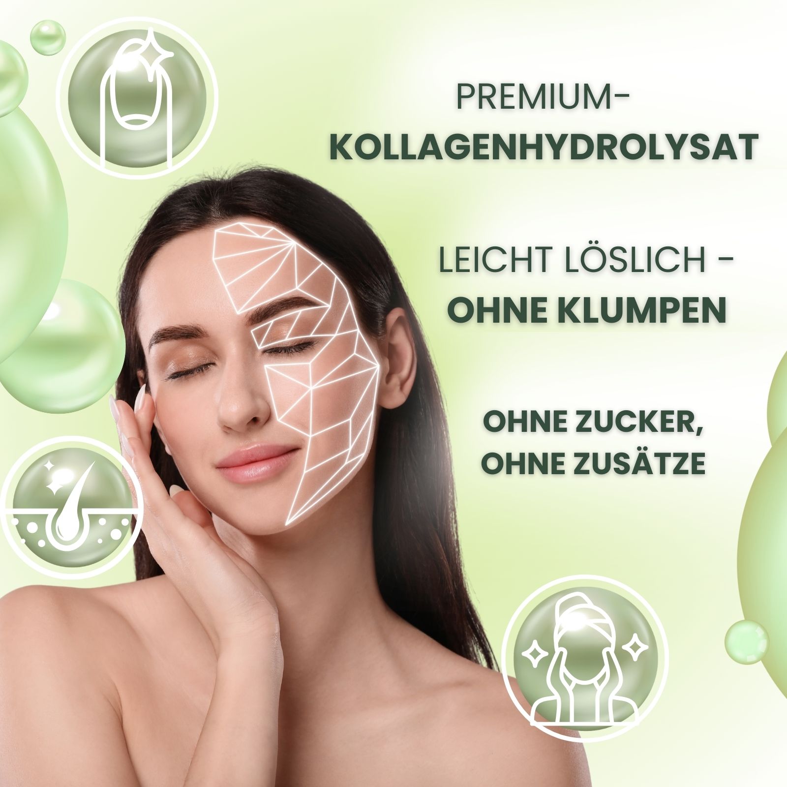 Frau mit Gesichtsanalyse. Text: Premium-Kollagenhydrolysat, leicht löslich, ohne Klumpen, ohne Zucker, ohne Zusätze. Grafiken von Haut, Haaren, Nägeln.