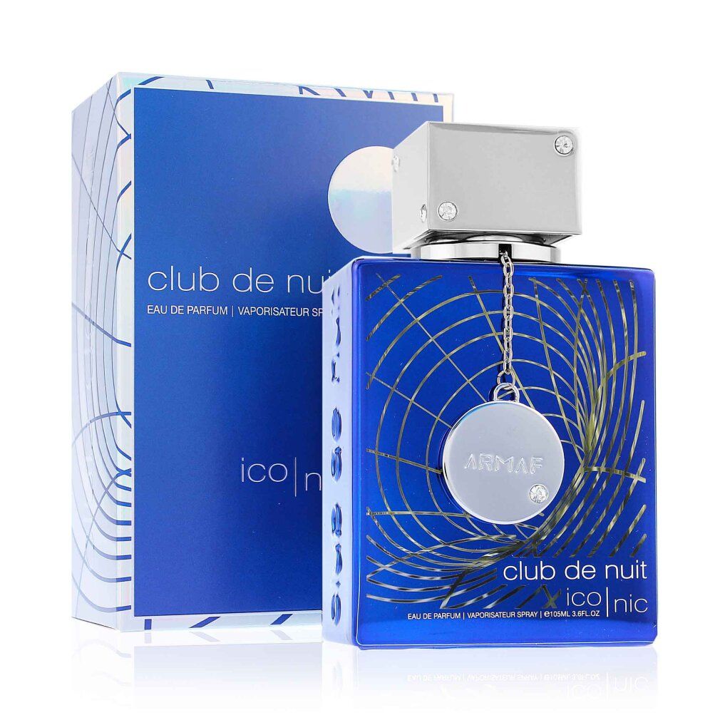 Blauer Flakon und Verpackung. Flakon quadratisch, silberner Deckel. Text: Club de Nuit Iconic, Eau de Parfum. Verpackung blau mit weißem Muster.