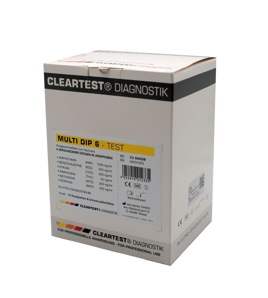 Cleartest Multi Dip 6 Test Verpackung. Weißer Karton mit Produktinformationen und Logo Cleartest Diagnostik.