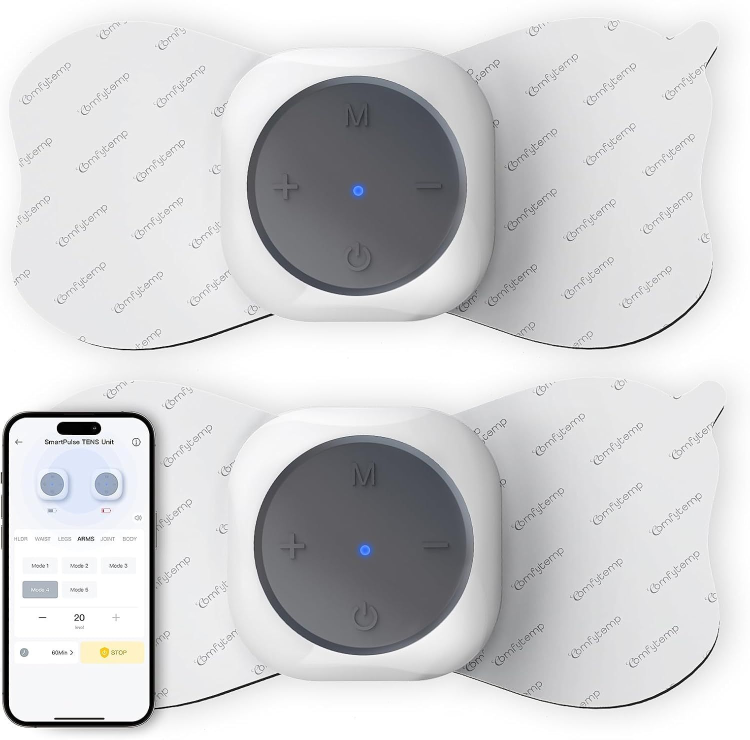 TENS-Gerät mit Display, Ladeanschluss, Tasten und Elektroden.