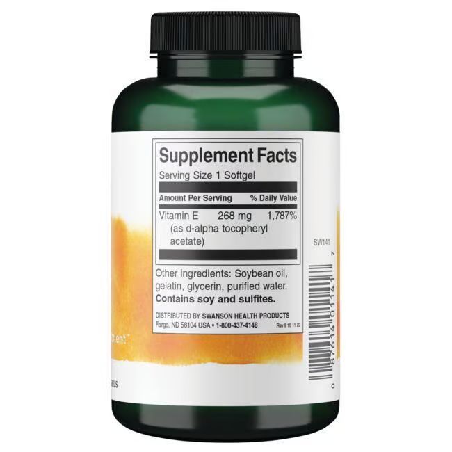 Rückseite der grünen Flasche. Etikett mit "Supplement Facts" und Inhaltsangaben zu Vitamin E.
