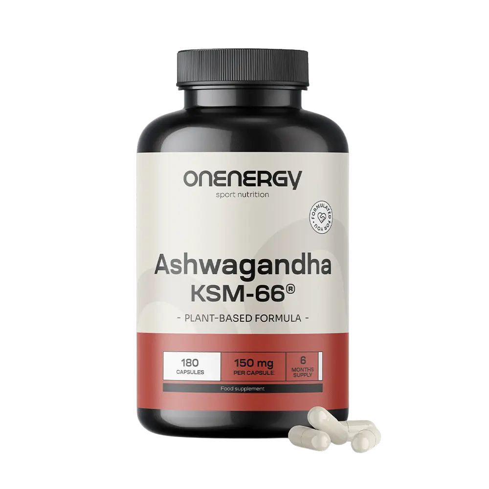 Braune Flasche mit schwarzen Deckel. Aufschrift: OnEnergy, Ashwagandha KSM-66, 180 Kapseln, 150mg pro Kapsel. Einige Kapseln liegen daneben.