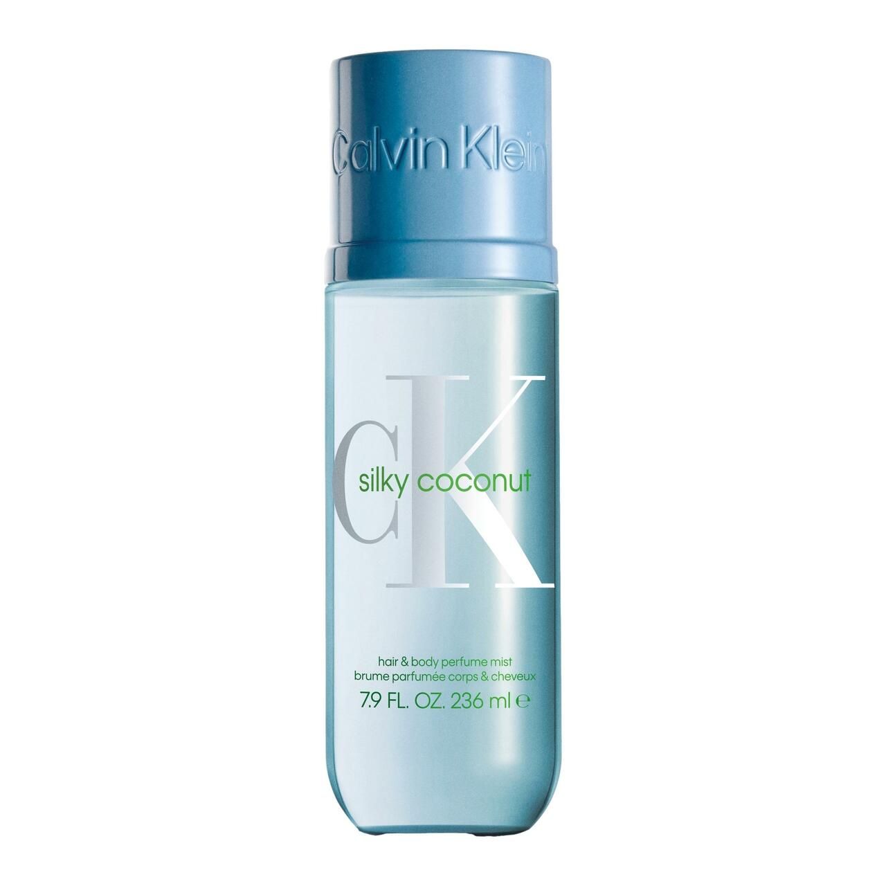 Hellblaue Flasche mit blauem Deckel. Aufschrift "Calvin Klein", "silky coconut" und "hair & body perfume mist".