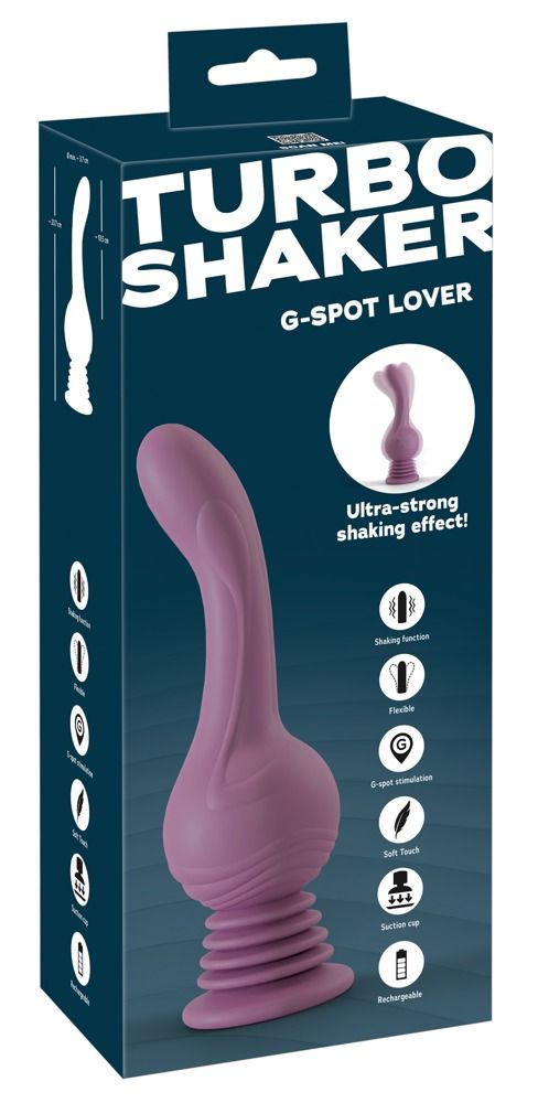 Verpackung mit lila Vibrator. Text: 'TURBO SHAKER G-SPOT LOVER'. Illustration des Produkts und Icons.