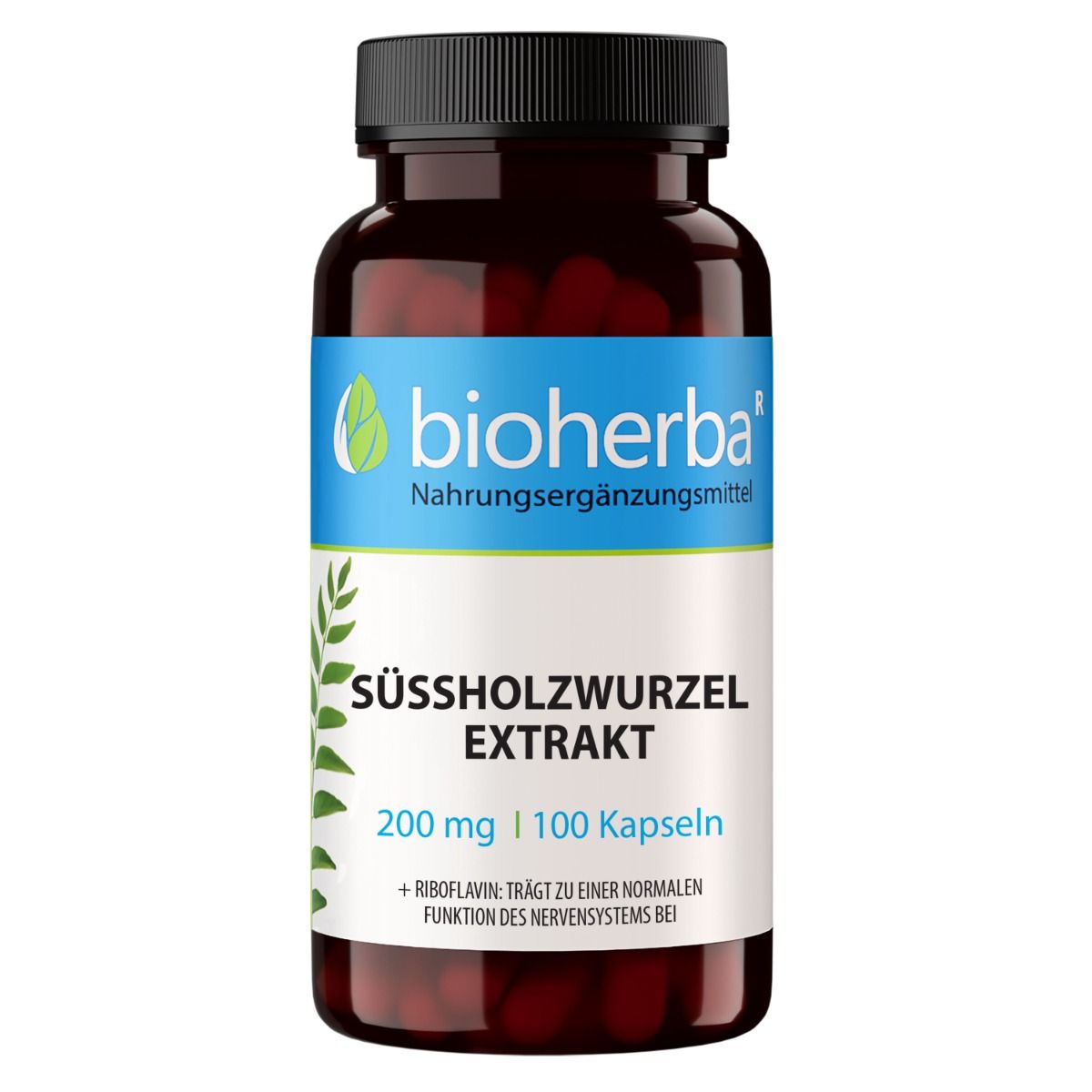 Braune Glasflasche mit schwarzen Deckel. Etikett mit "bioherba" Logo, Produktname, und Inhaltsangaben. Kapseln sichtbar.