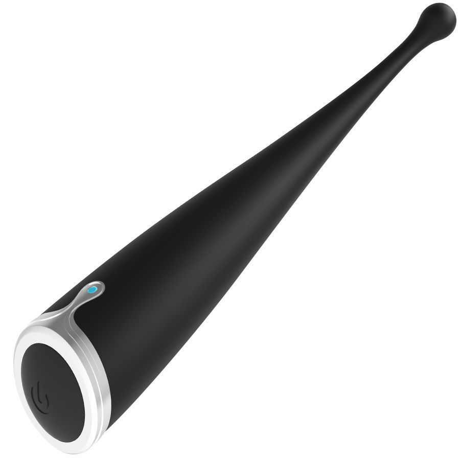 Schwarzer Silikon-Vibrator mit silbernem Ring und blauer LED.