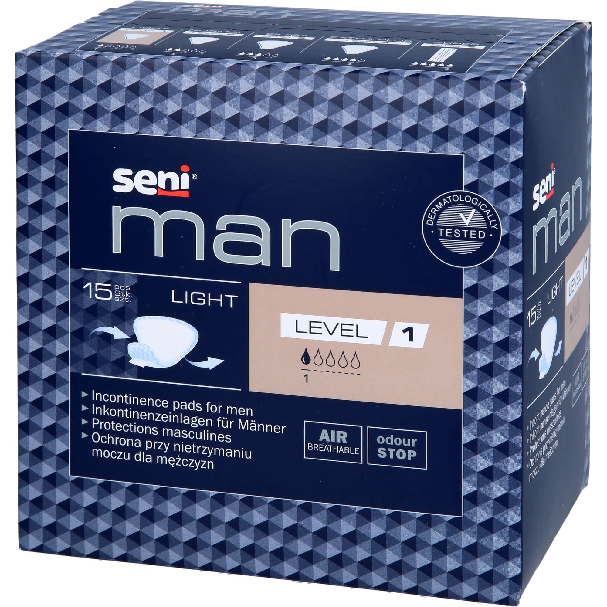 Verpackung Seni Man Light Level 1. 15 Stück. Inkontinenzeinlagen für Männer. Dermatologisch getestet. Luftdurchlässig und geruchsneutral.