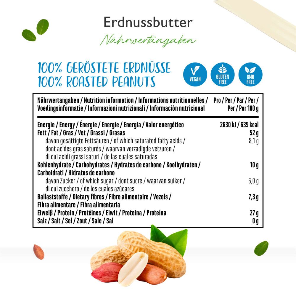 Nährwertangaben für Erdnussbutter. Text: 100% geröstete Erdnüsse, vegan, glutenfrei. Tabelle mit Nährwerten pro 100g: Energie, Fett, Kohlenhydrate, Eiweiß.