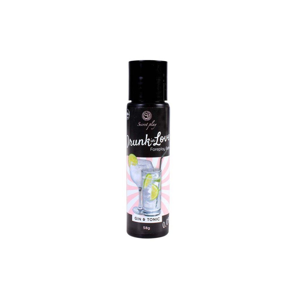 Schwarze Flasche mit "Drunk in Love Foreplay Balm". Cocktail-Illustration. 58g.