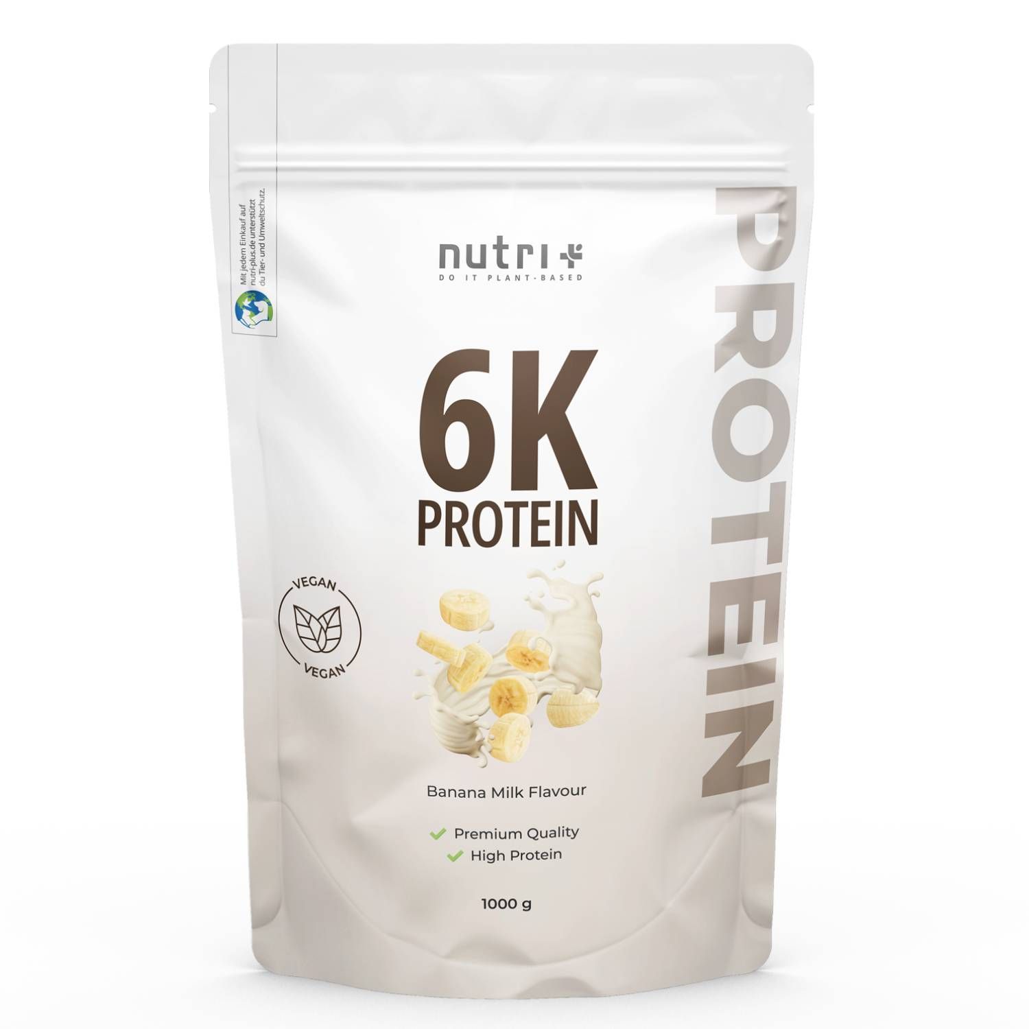 Weiße Standbeutel mit Aufdruck. Enthält 6K Protein, Bananenmilch-Geschmack, vegan, Premium Qualität, 1000g.