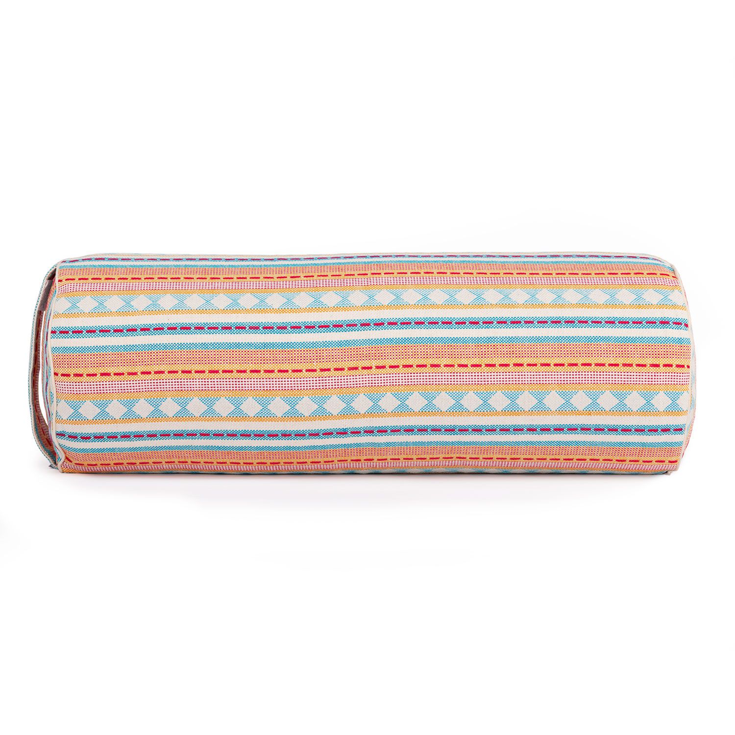 Zylindrisches Yoga-Bolster mit apricot-hellblauem Jacquard-Webstoff. Gestreiftes Muster mit Diamanten. Braune Enden.