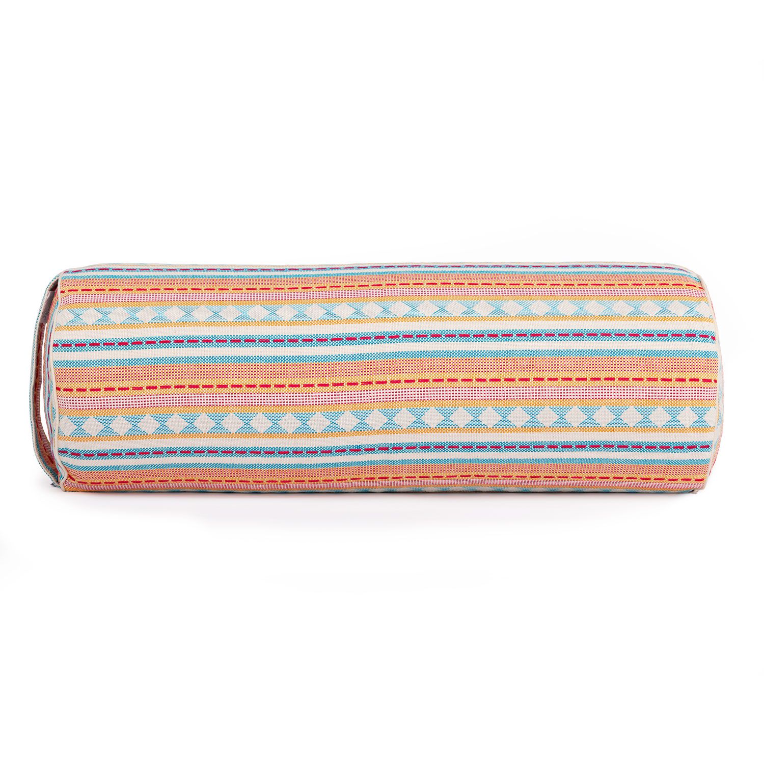 ETHNO Collection: Yoga-Bolster (rund), Jacquard-Webstoff, apricot-hellblau gem., Dinkelhülsen