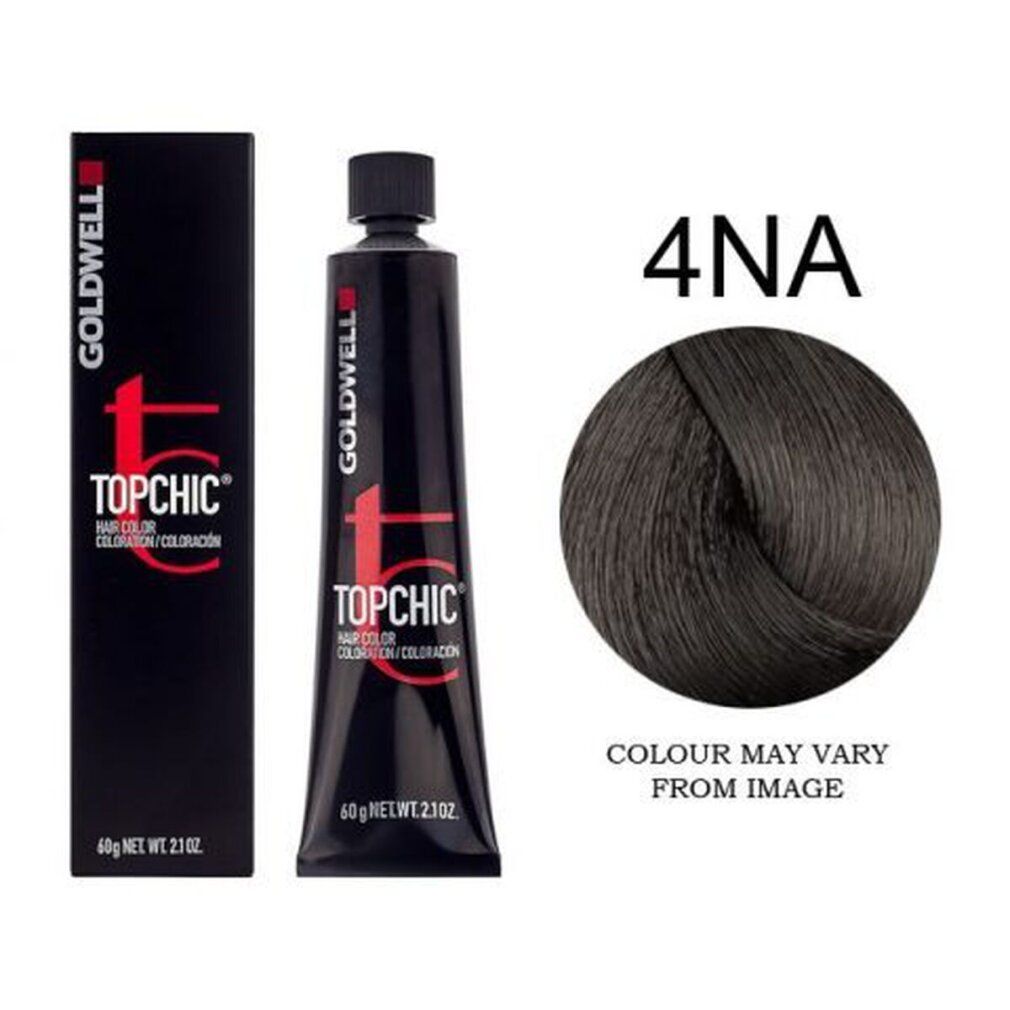 Goldwell Topchic Haarfarbe Tube und Schachtel. Schwarze Tube und Schachtel mit rotem Logo und Text. 4NA. Farbmuster.