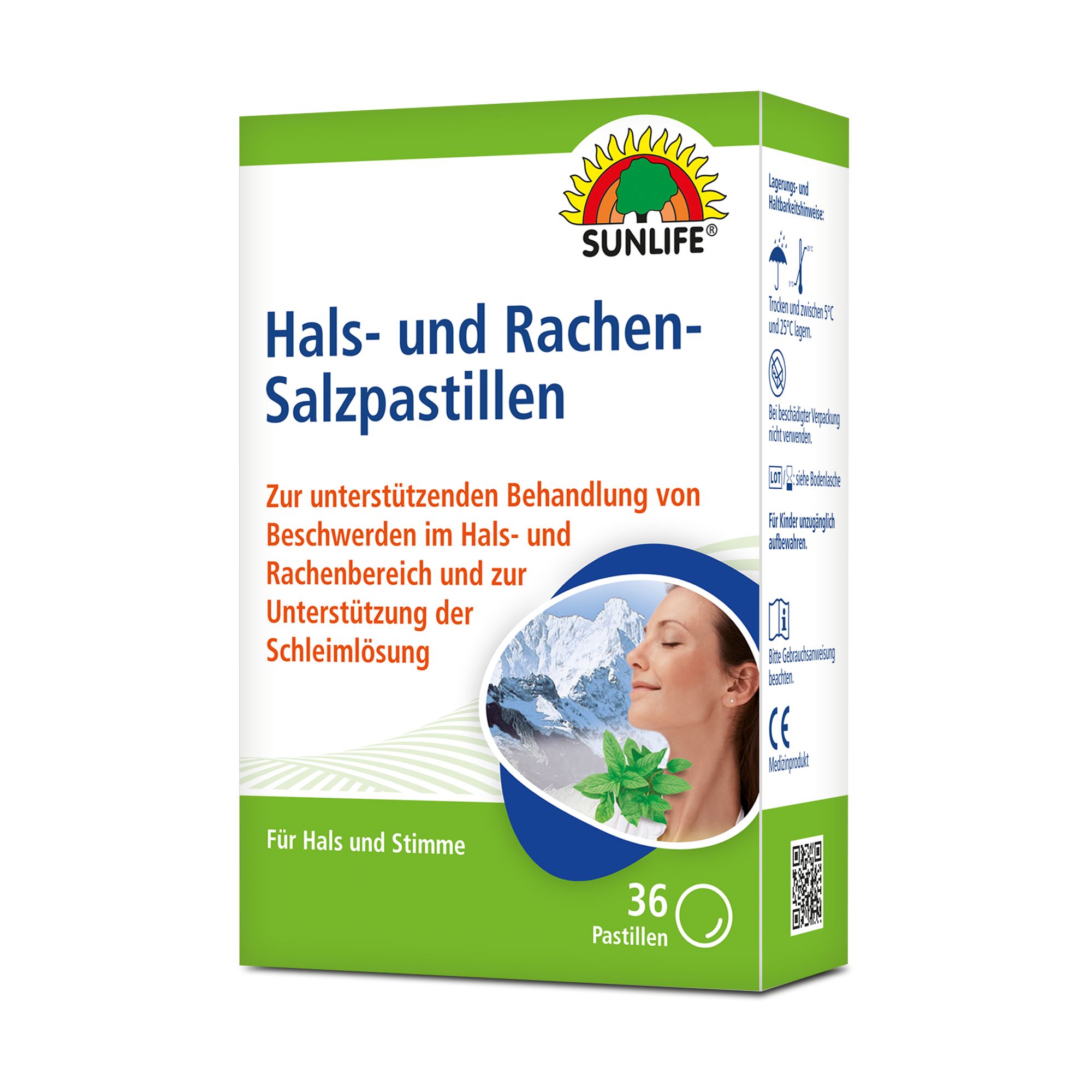 Verpackung von Sunlife Hals- und Rachen-Salzpastillen. 36 Pastillen. Grün-weißes Design mit Logo und Produktinformationen.