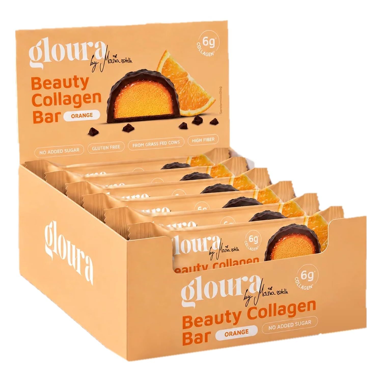 Box mit Orangen-Beauty-Kollagenriegeln, jeweils einzeln verpackt.