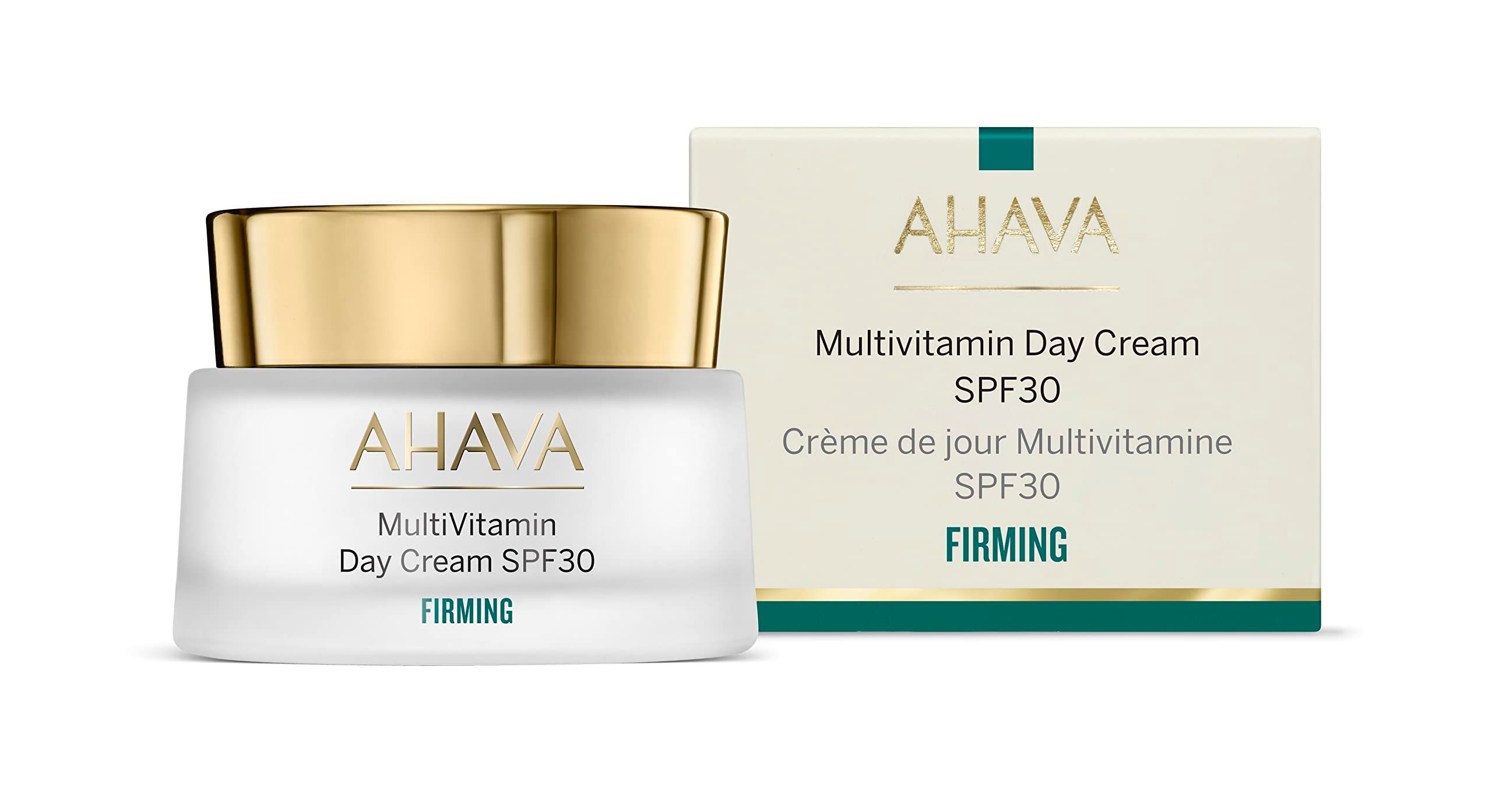 AHAVA Multivitamin Tagescreme SPF30 und ihre Verpackung. Der Tiegel hat einen goldenen Deckel.