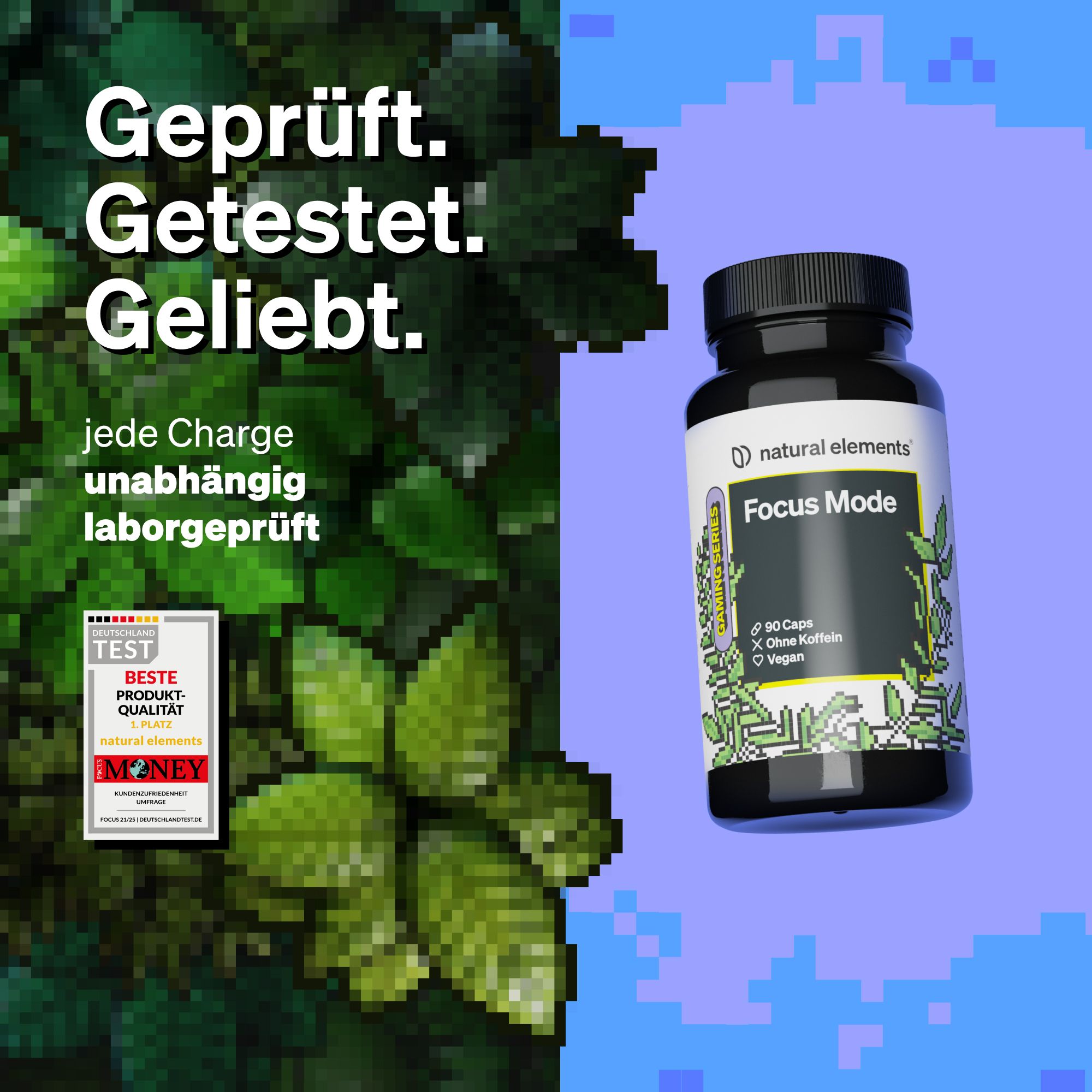 Produktflasche neben Blättern. Text: Geprüft. Getestet. Geliebt. Unabhängig geprüft. Auszeichnung: Beste Produktqualität.