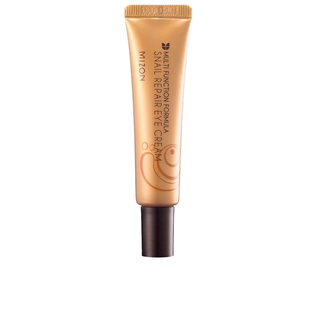 Goldfarbene Tube mit schwarzem Verschluss. Aufschrift: Mizon Snail Repair Eye Cream.