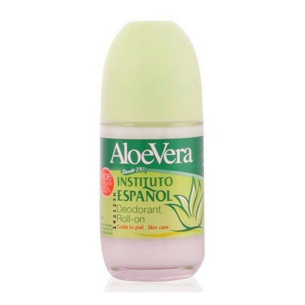 Instituto Español Aloe Vera Deodorant Roll-on. Grüner Verschluss, transparente Flasche mit rosa Inhalt.