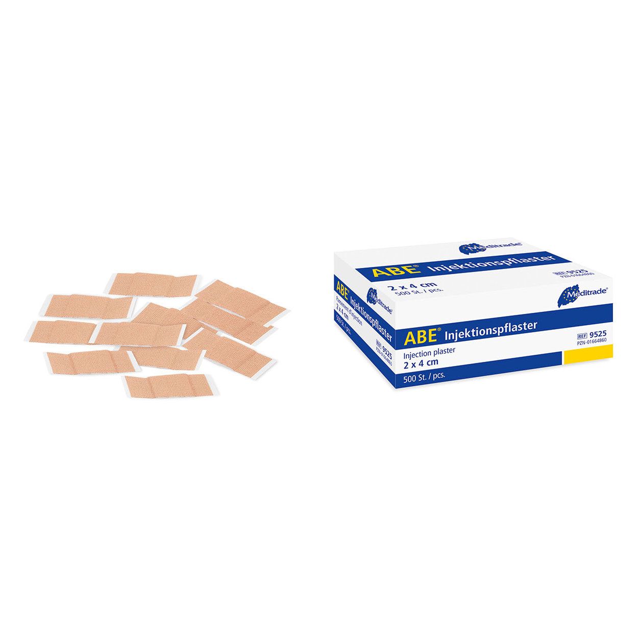 Beige Injektionspflaster, rechteckig, mit weißem Schutzpapier. Einige Pflaster liegen lose, andere in einer Schachtel mit Aufschrift ABE.