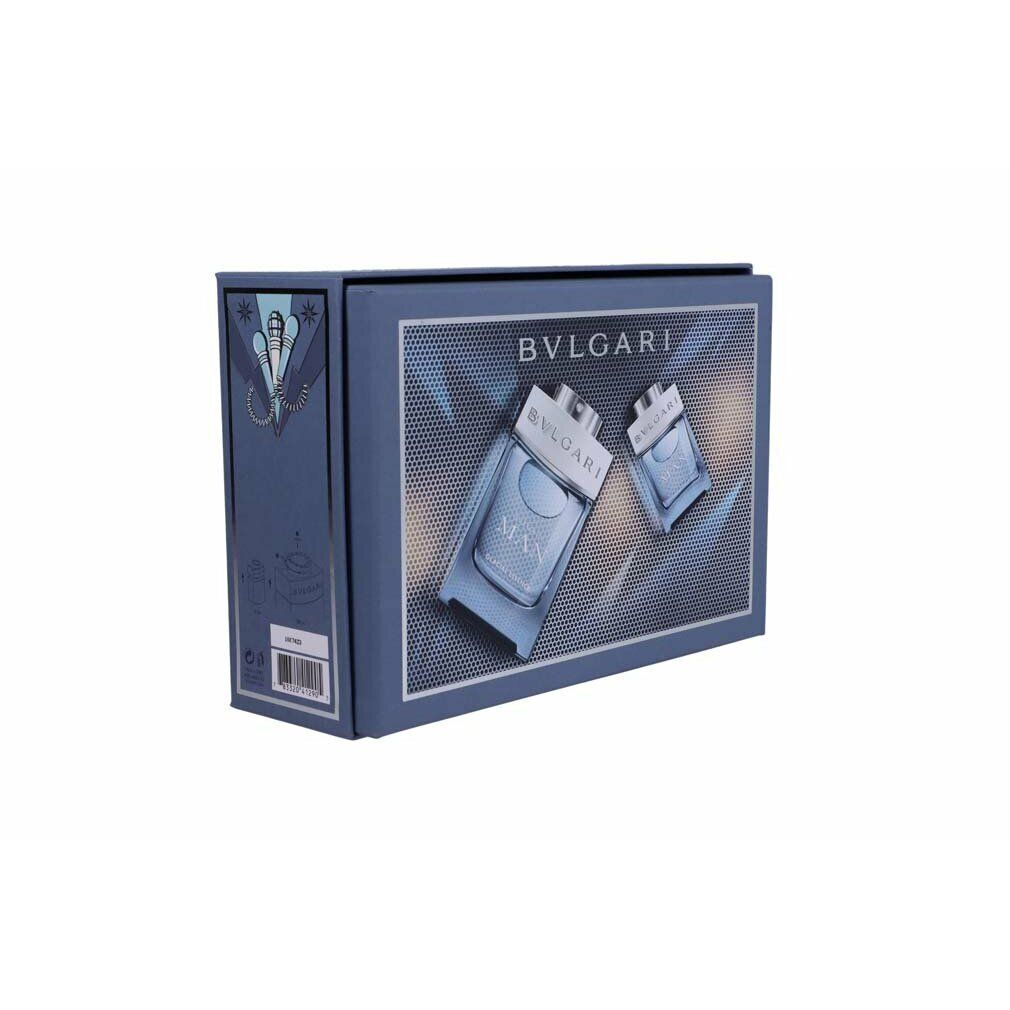 Blaues Geschenkset mit zwei Flakons. Auf der Verpackung steht "BVLGARI MAN".
