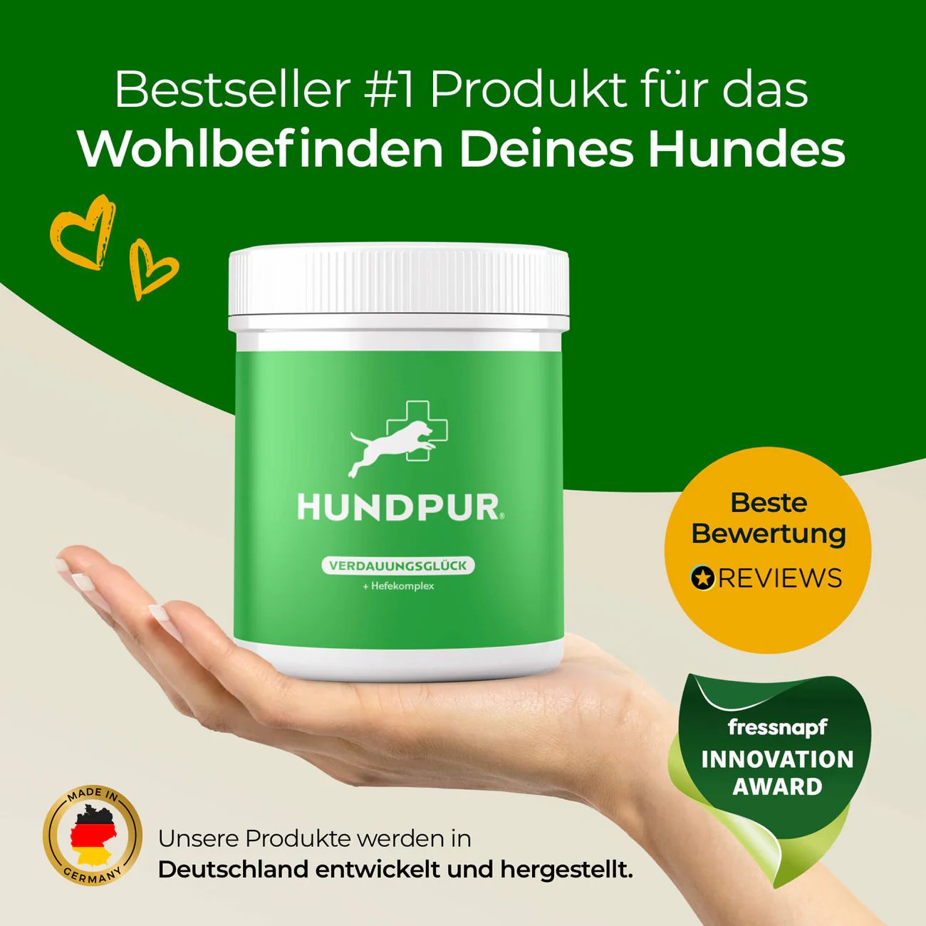 Grüne Dose mit weißem Deckel. Aufschrift: HUNDPUR Verdauungsglück. Logo: Hund und Kreuz. Text: Bestseller #1 Produkt. Beste Bewertung. Made in Germany.