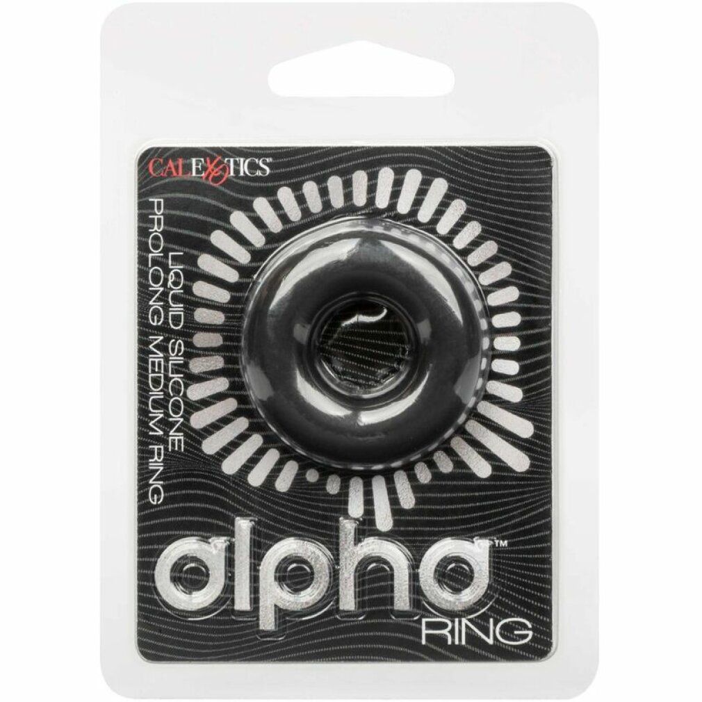 Schwarzer Ring aus Silikon, in Verpackung. Aufschrift: Alpha Ring, Prolong Medium.