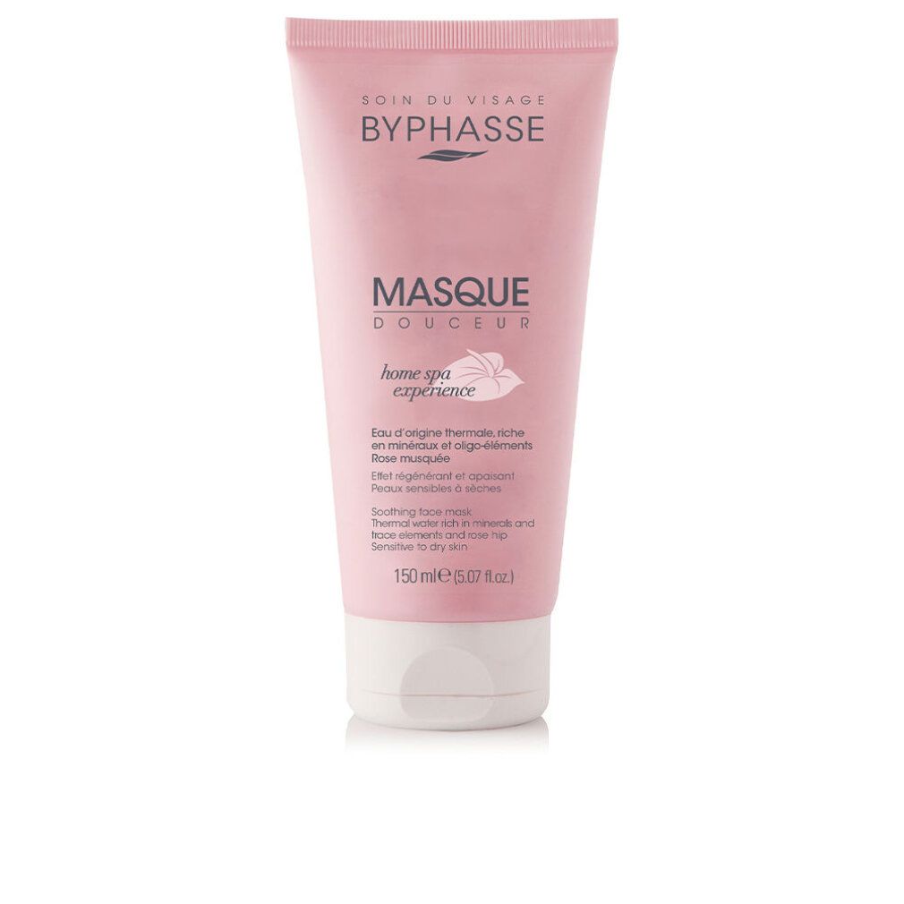 Rosa Tube mit weißem Deckel. Aufschrift: BYPHASSE, Masque Douceur FACE, home spa experience. Text in Französisch.